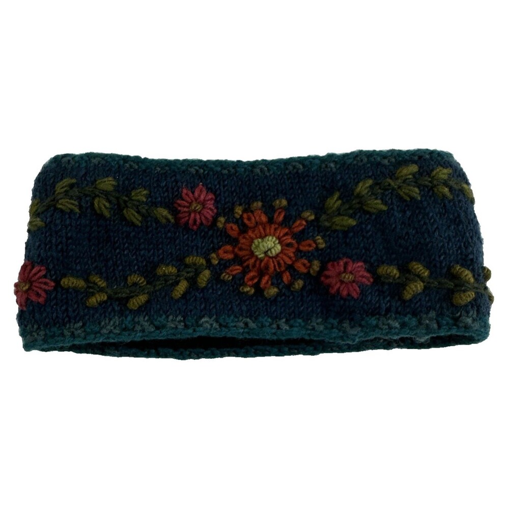 Lost‎ Horizons Abigail Headband Teal Floral Wool Knit Fleece Lined Embroidered